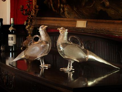 Pair of lifesize sterling silver and glass Pheasant claret jugs