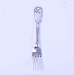 A Victorian sterling silver fiddle, thread and shell pattern table fork
