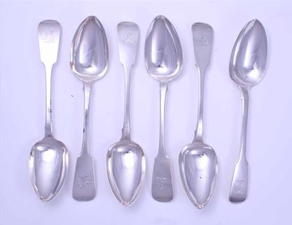 Six George IV Irish fiddle pattern sterling silver tablespoons