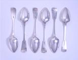 Six George IV Irish fiddle pattern sterling silver tablespoons