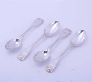 Set of four Victorian fiddle thread and shell sterling silver dessert spoons