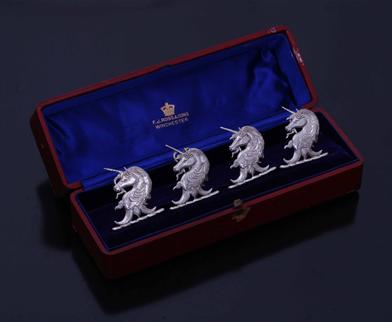 Set of Victorian armorial sterling silver place card holders