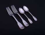 Matched set of George III fiddle, thread and shell sterling silver flatware