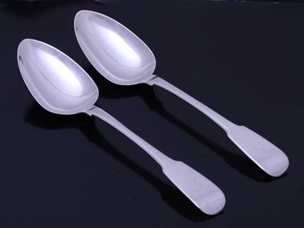 Pair of George III sterling silver fiddle pattern table spoons