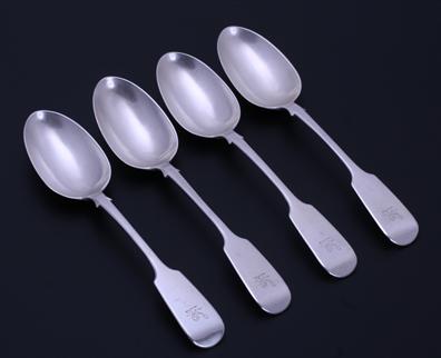 Set of four Victorian sterling silver fiddle pattern table spoons