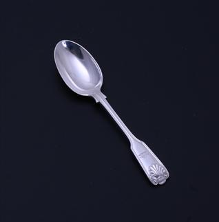 A Victorian fiddle, thread and shell pattern sterling silver teaspoon