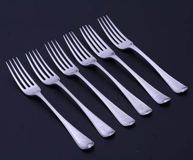 A set of six Regency Old English bead edge pattern sterling silver table forks