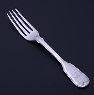 A William IV sterling silver fiddle and thread pattern table fork