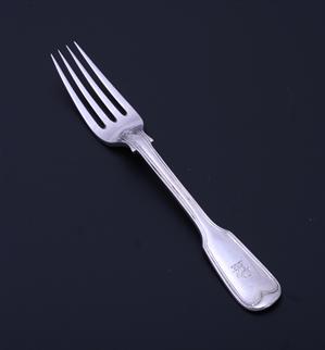 A Victorian sterling silver fiddle and thread pattern dessert fork