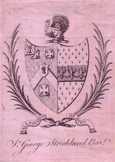 A framed late 18th century bookplate for Sir George Strickland