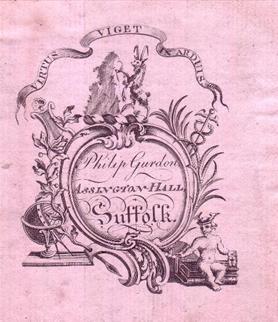 A delightful framed18th Century bookplate for Philip Gurdon of Assington Hall