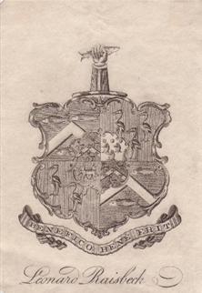 A framed 19th century armorial bookplate for Leonard Raisbeck