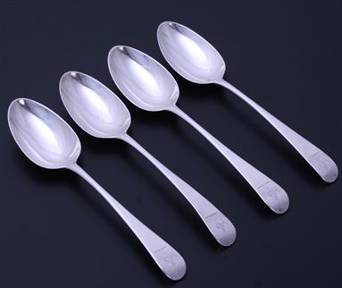Set of four George III Old English pattern sterling silver table spoons
