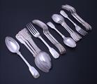 Matched collection of antique fiddle, thread and shell pattern sterling silver flatware