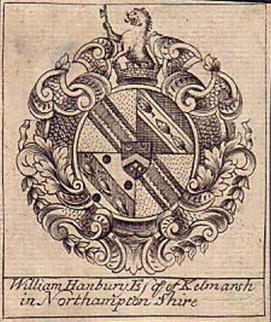 A framed late eighteenth century armorial bookplate for Hanbury