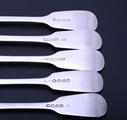 Matched set of five sterling silver fiddle pattern table forks