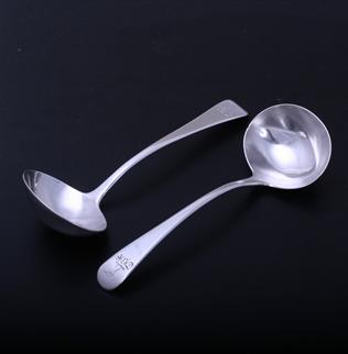 A pair of George III sterling silver Old English pattern sauce ladles