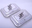 Pair Regency sterling silver entree dishes with armorial finials