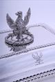 Pair Regency sterling silver entree dishes with armorial finials