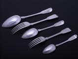 Service of George IV fiddle pattern sterling silver flatware for twelve people