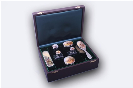 JAMES STINTON: Fine sterling silver and enamel dressing table set