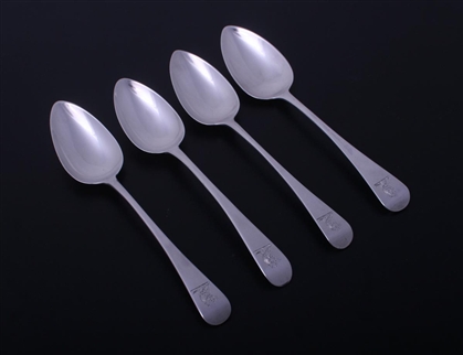 Matched set of four George III sterling silver Old English pattern dessert spoons