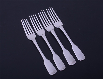 Set of four Victorian fiddle pattern sterling silver forks