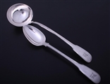 A George IV fiddle and thread pattern sterling silver basting spoon and soup ladle