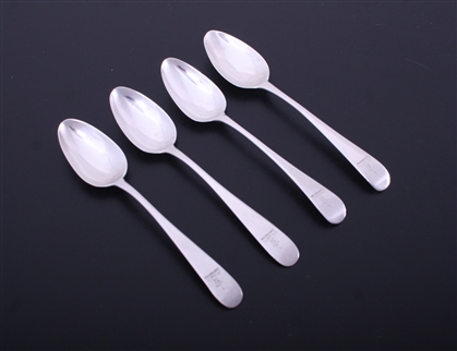 A matched set of four George III Old English pattern sterling silver teaspoons