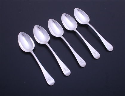 Set of five Regency Old English pattern sterling silver tea spoons