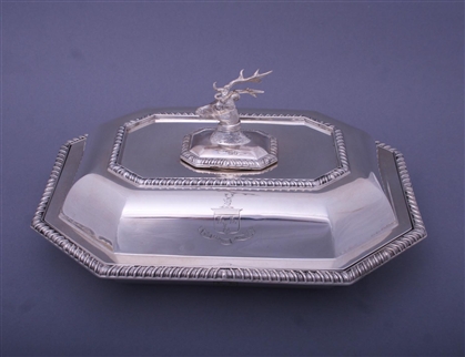 A good Victorian sterling silver entree dish and cover with armorial finial