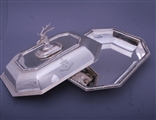 A good Victorian sterling silver entree dish and cover with armorial finial