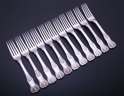 Set of eleven George IV King's pattern sterling silver table forks