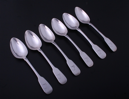 A set of six Irish William IV sterling silver fiddle pattern dessert spoons