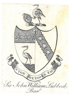 A framed 19th century armorial bookplate for Sir John Lubbock