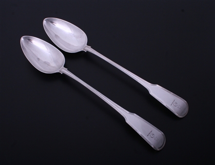 A pair of George III fiddle and thread pattern sterling silver basting spoons
