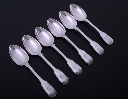 A set of six Victorian fiddle and thread pattern sterling silver dessert spoons