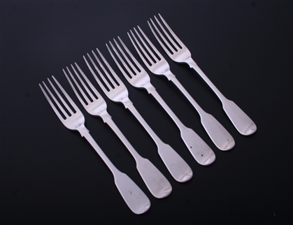 A set of six William IV fiddle pattern sterling silver dessert forks