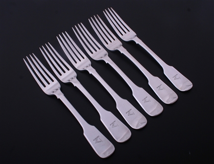 A set of six matched George IV/Victorian  fiddle pattern sterling silver table forks