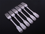 A set of six matched George IV/Victorian  fiddle pattern sterling silver table forks