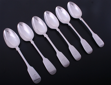 A matched set of six Victorian fiddle pattern sterling silver table spoons