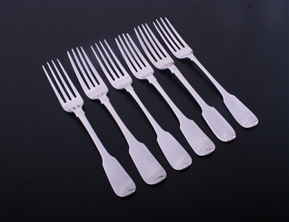 A matched set of antique fiddle pattern sterling silver table forks