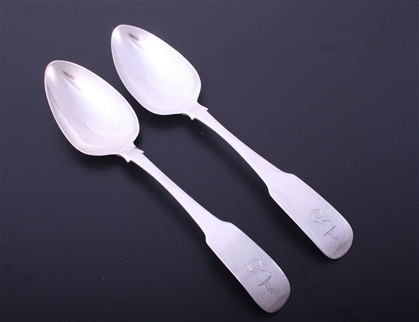 A pair of Irish George III sterling silver fiddle pattern sterling silver table spoons