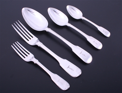 A fine and extensive matched service of George III fiddle and thread pattern silver flatware for 18 people