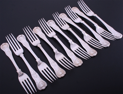 A set of 12 William IV King's pattern sterling silver table forks