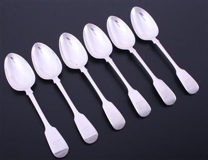A set of six George IV fiddle pattern sterling silver dessert spoons