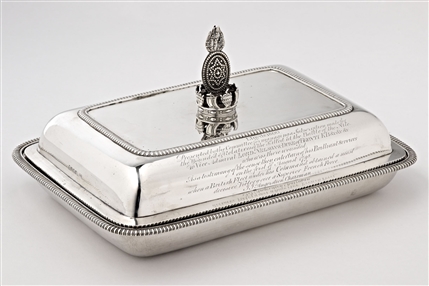 NELSON: Highly important and historic George III armorial silver entree dish and cover presented to Admiral Lord Nelson by Lloyd's Coffee House after the battle of the Nile.