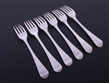 A matched set of six George III Old English Thread pattern sterling silver table forks