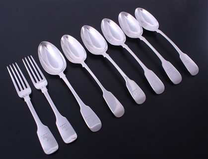Collection of matched George IV fiddle pattern sterling silver flatware