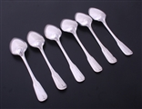 A set of six George III fiddle thread and drop pattern sterling silver dessert spoons